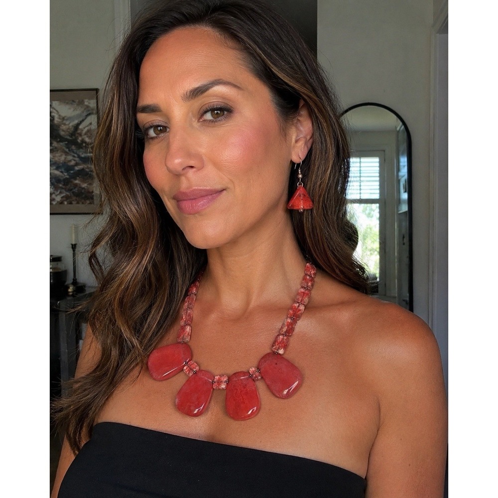Statement Cherry Quartz Necklace & Earrings Set 18" Faceted Bead Bib Necklace
